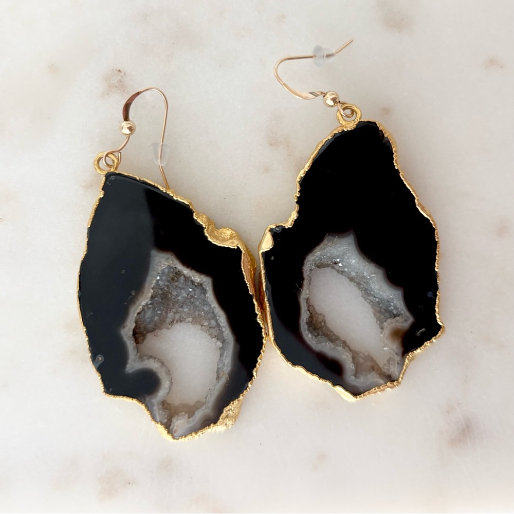 Black and Gold Geode Slice Earrings w/ hypoallergenic gold filled ear wires